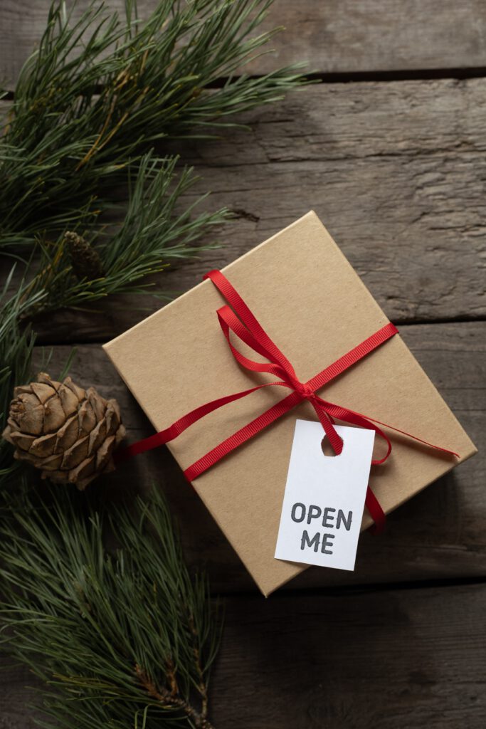 Ekologiczny prezent z zawieszką "open me". Obok gałązka choinki z szyszką.