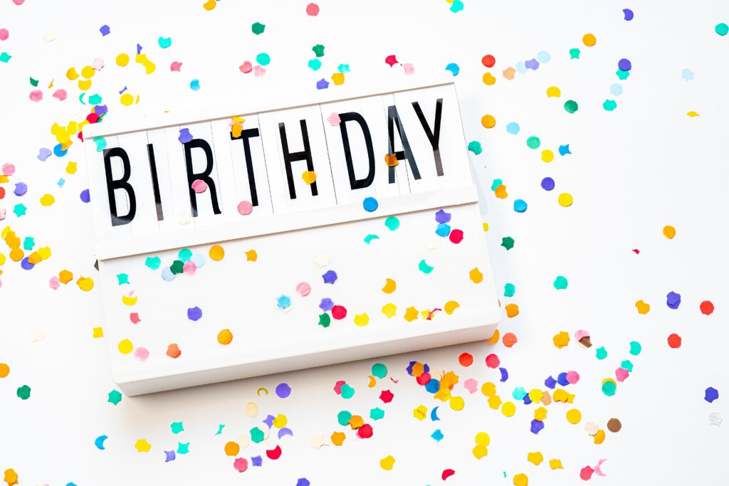 Napis ,,birthday" na białym tle. Dookoła confetti.
